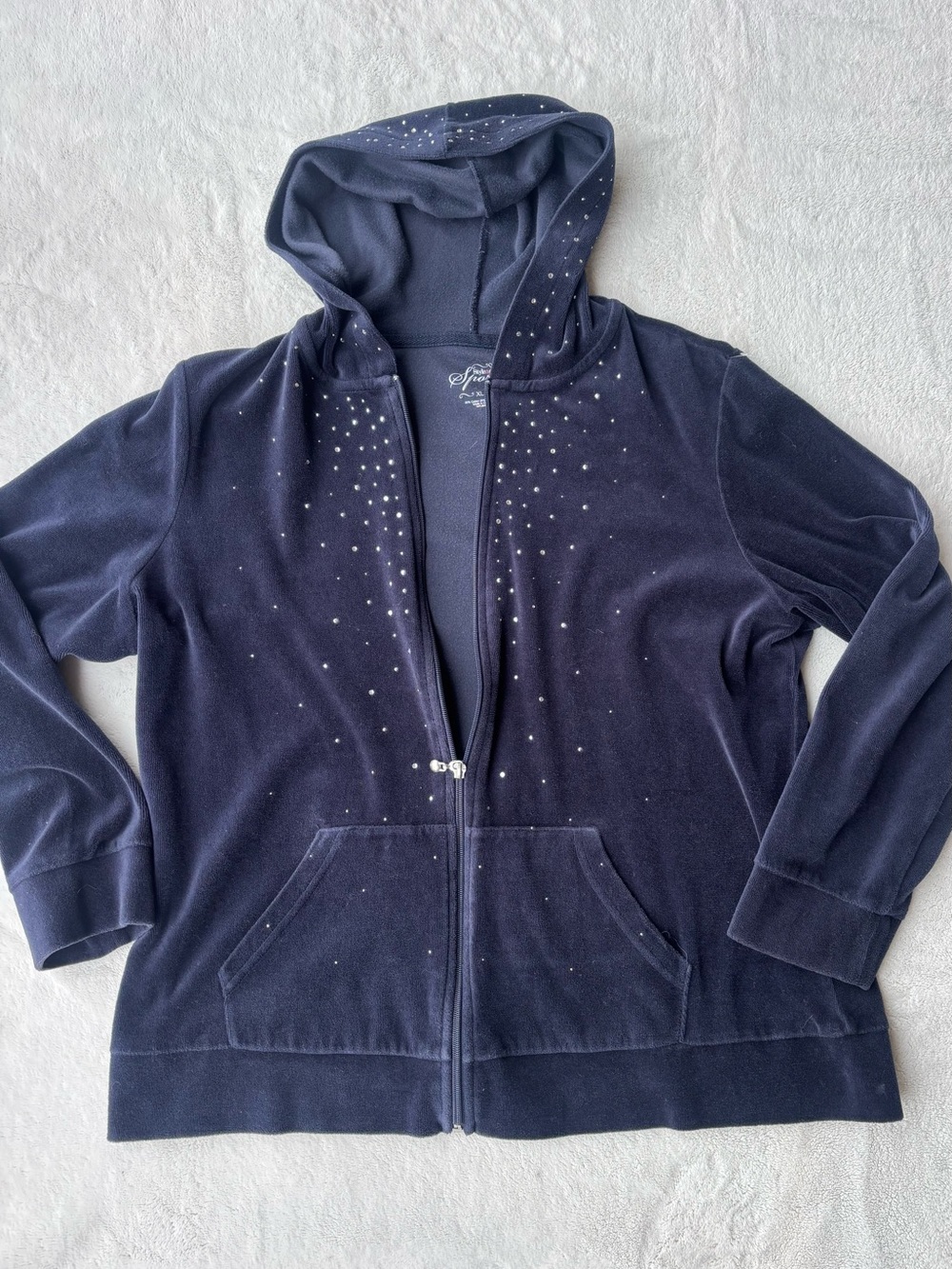 Style & Co. Navy Velvet Zip Hoodie with Rhinestone Detail